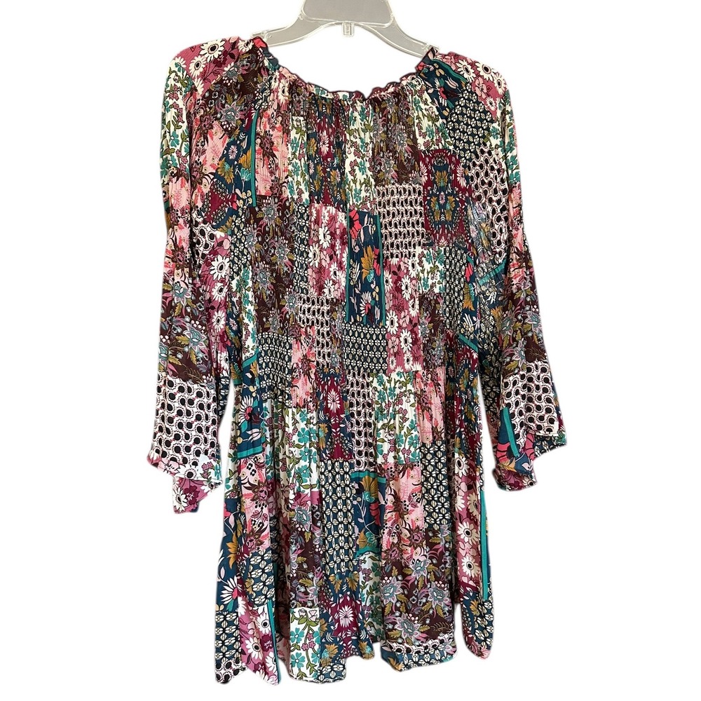 Floral‎ & Ivy Woman Patchwork Floral Smocked Boho Blouse 1X Multicolor Fairycore - Picture 2 of 8